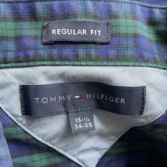 TOMMY HILFIGER Shirt Mens 15.5 34-35 Blue Green Plaid Button Down Long Sleeve - Picture 6 of 7